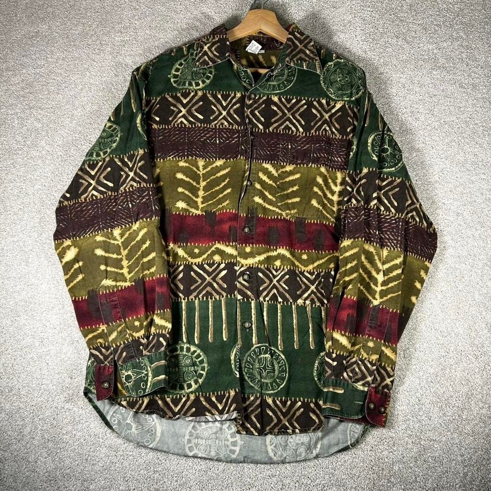 Vintage 90s earth tone multicolor nature texture long sleeve button up shirt L